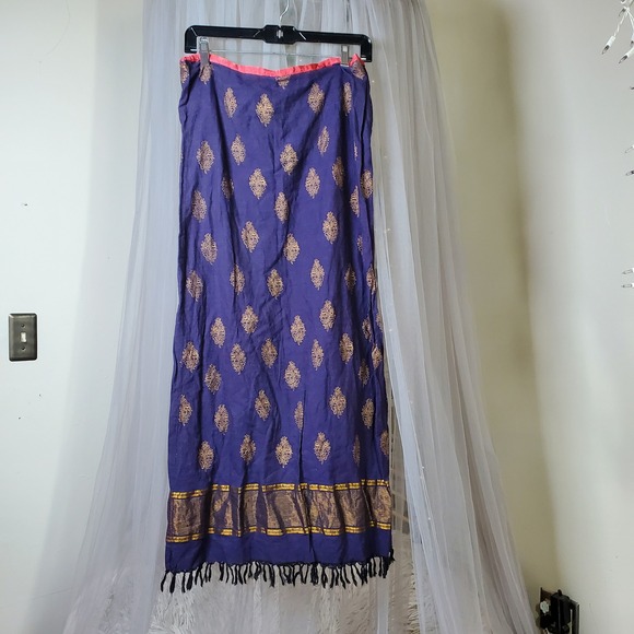 Vtg Free People Fringe Brocade Jacquard Purple Maxi Skirt Boho Hippie Size M - Picture 2 of 4